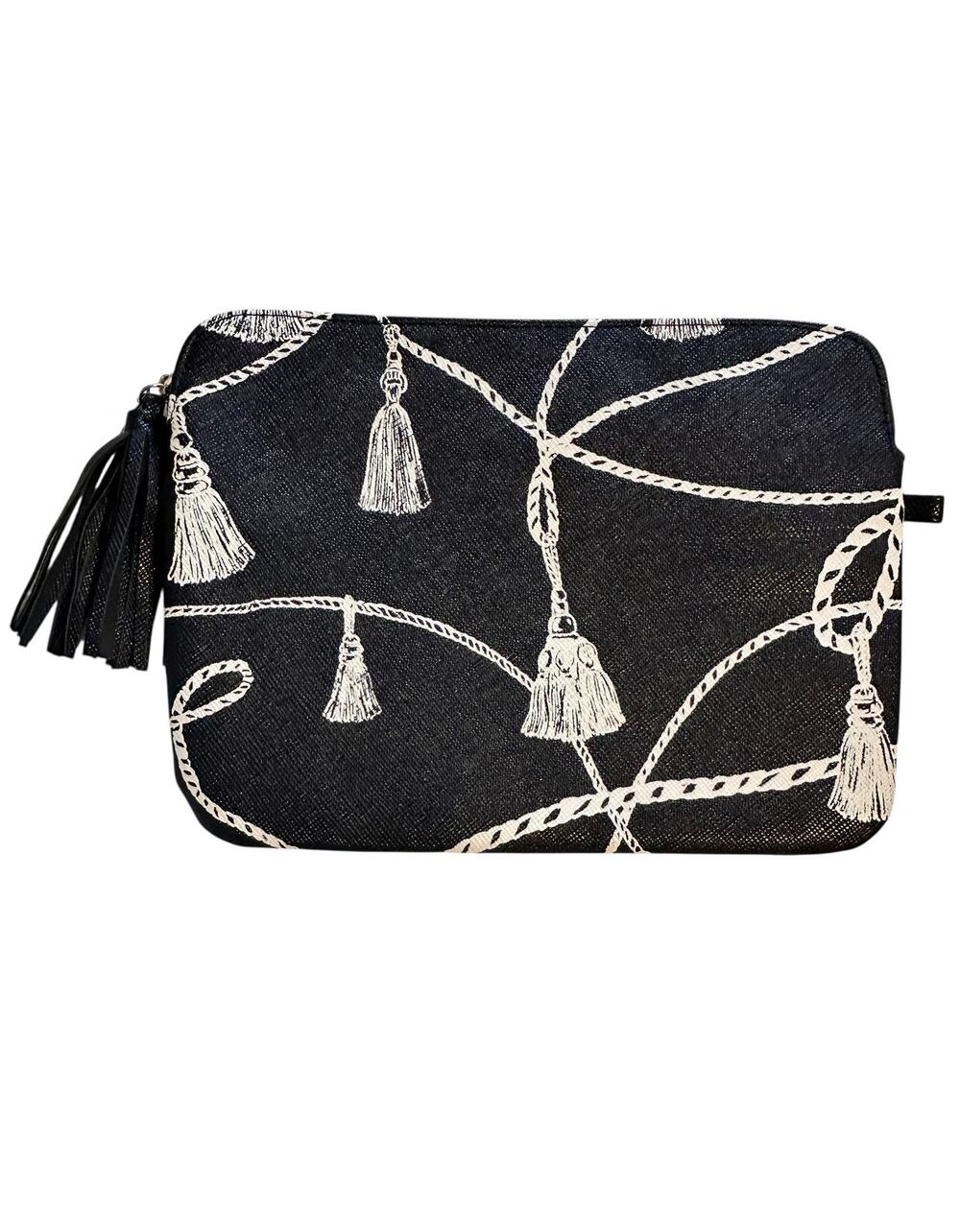 Chicos NEW Printed Tassel Tech Case Zip Pouch Navy Equestrian Print Bag NWT